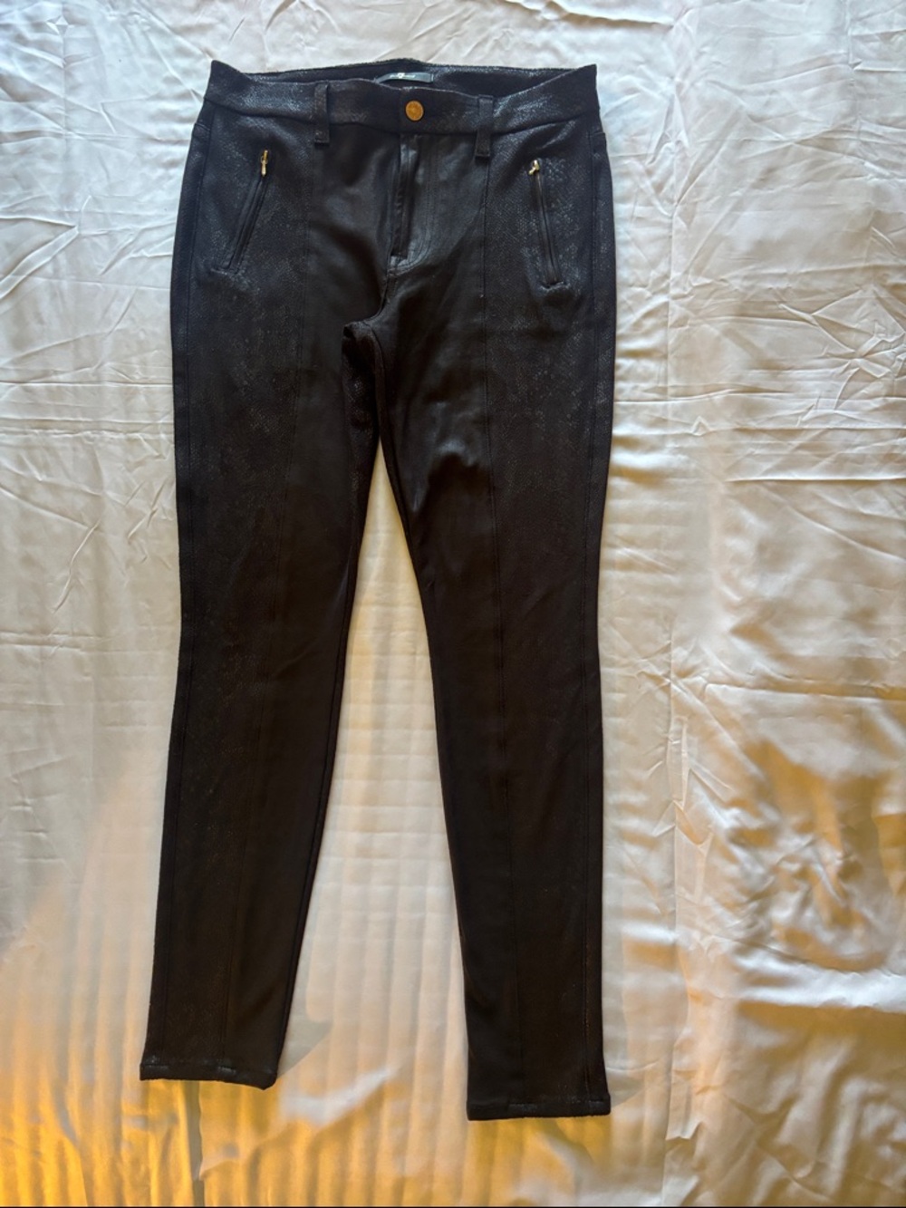 7 For All Mankind Black Faux-Snake Leggings with Gold Hardware
